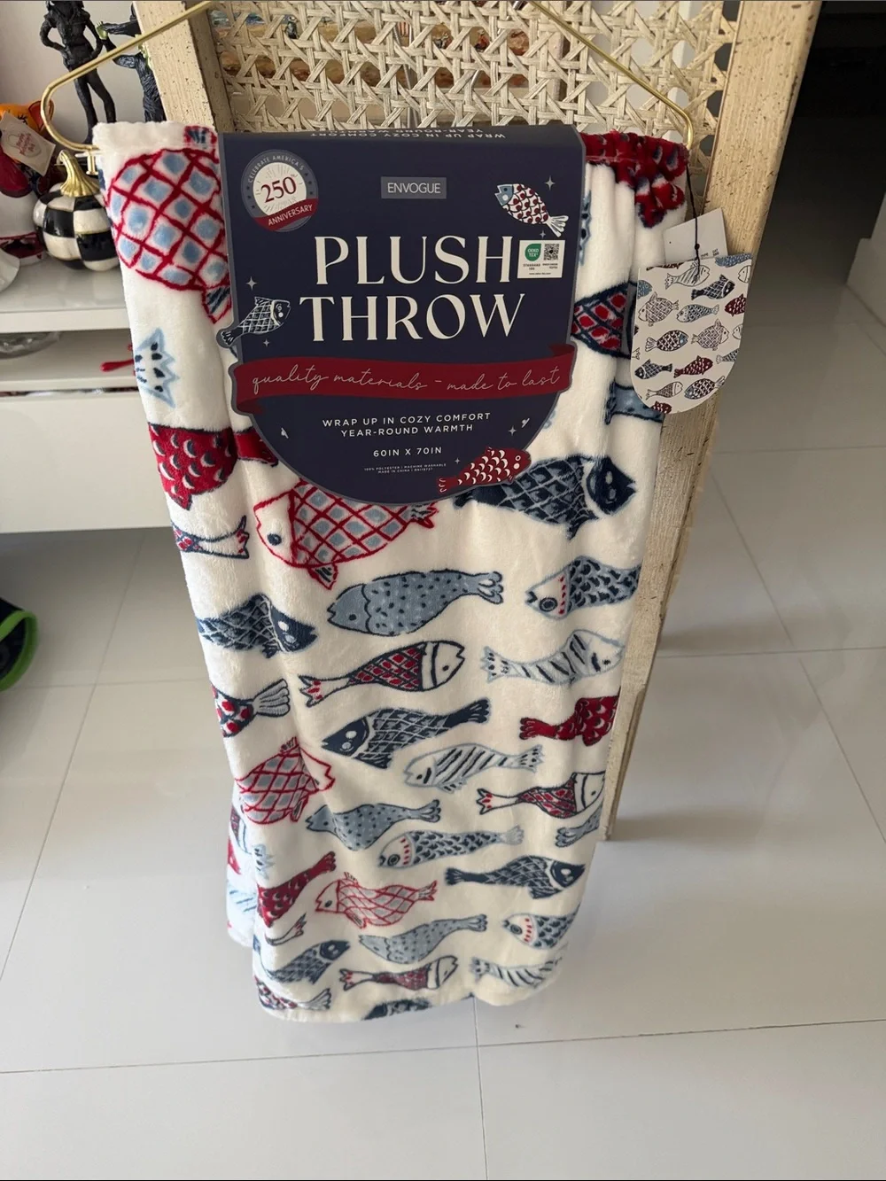 Envogue  White with Blue & Red Fish Motif Plush Throw Blanket